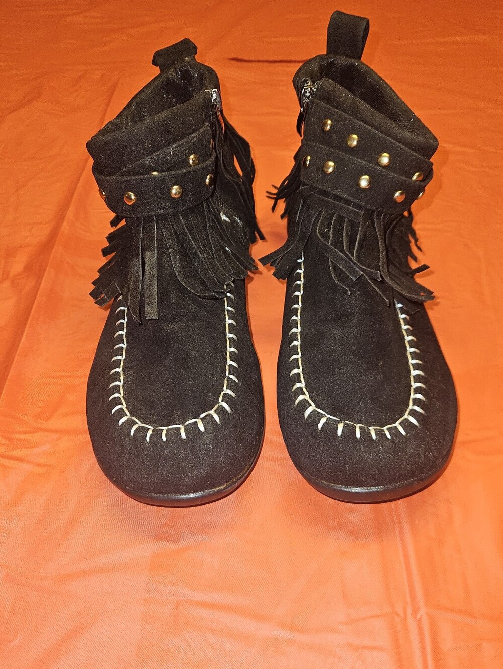 Fringe Moccasin Ankle Boots Black W/Gold Accents Size 40EU-9-9.5W E.U.C.